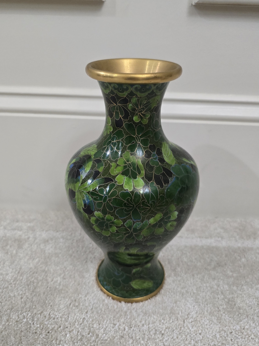 Green Cloisonné Floral Vase with Gold Trim 9.5 Inches